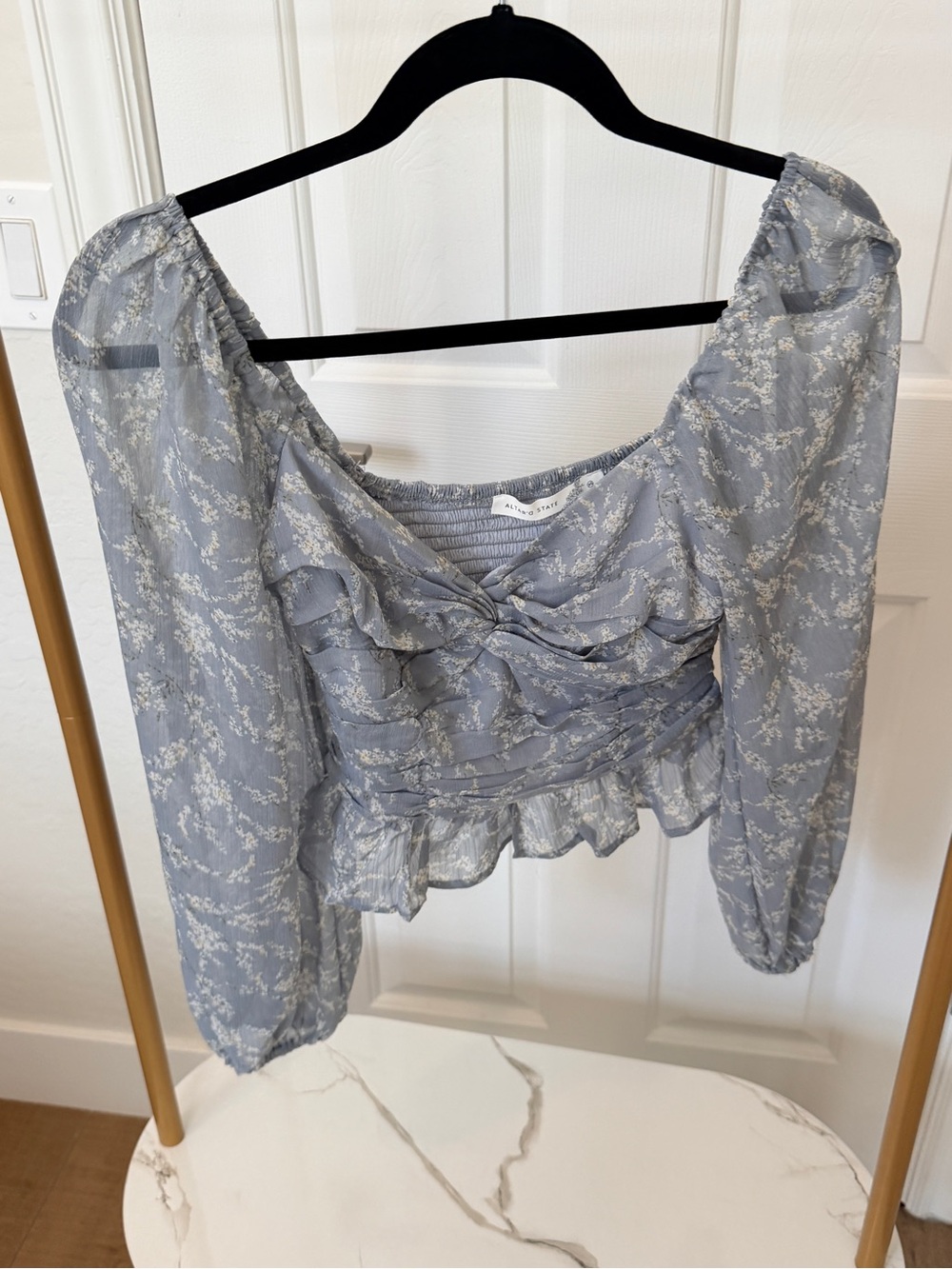 Altar'd State Light Blue Floral Smocked Ruffle Blouse